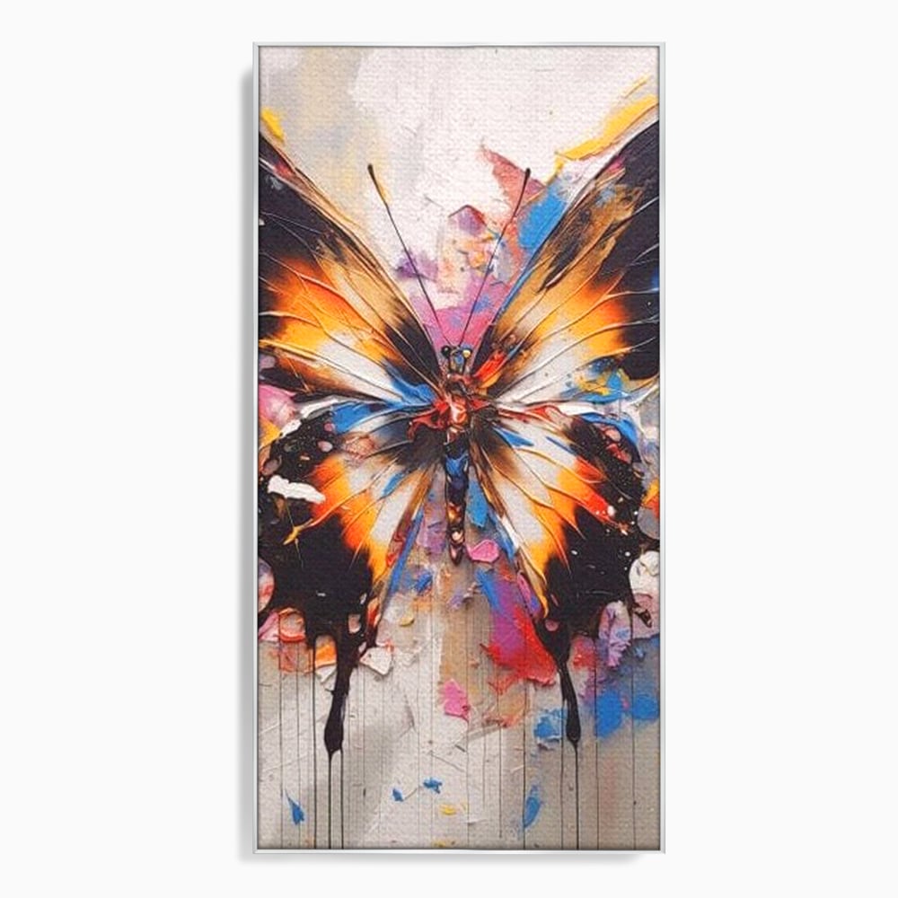Tablou canvas cu tablou vertical cu fluture pictat, in rama de aluminiu argintiu